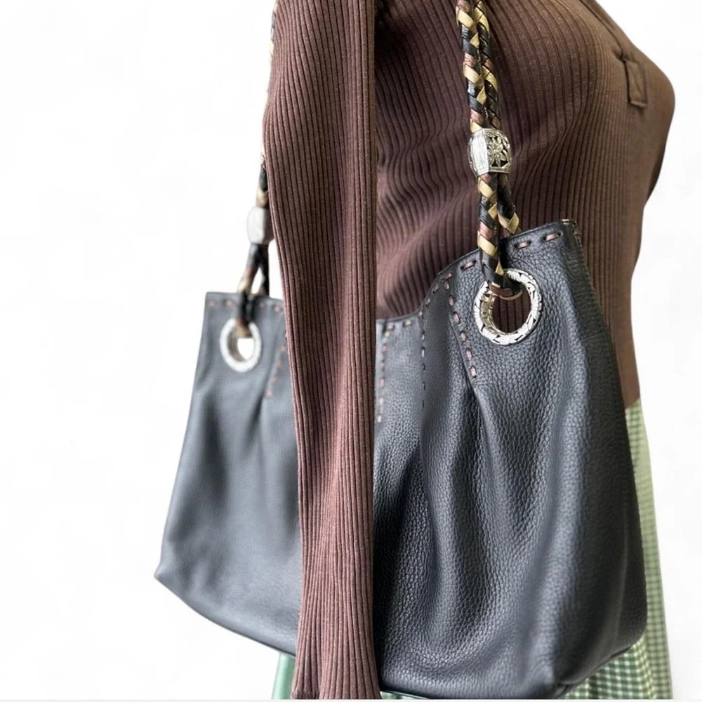 BRIGHTON Black Pebbled Leather Slouchy Hobo Bag Braided Strap Boho Silver-tone
